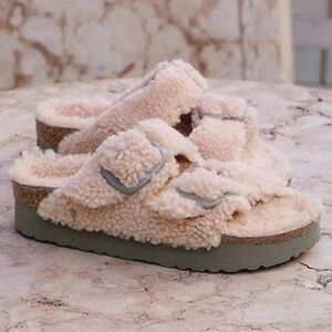 Birkenstock Shearling Double Strap Sandals in Light Pink with Olive Sole
